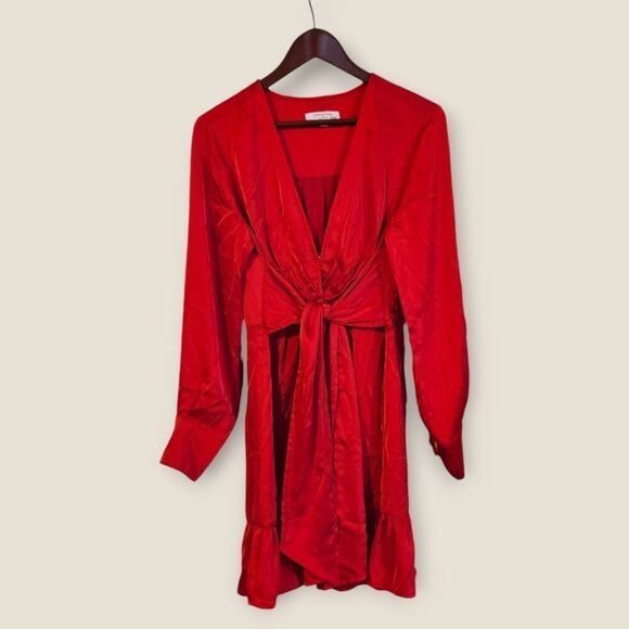 Marissa Webb Collective Satin Tie Front Long Sleeve Ruffle V-Neck Dress in Red 8 - Picture 5 of 10